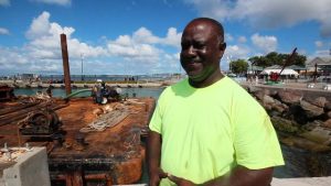 Mr. Regiwell Francis, Chief Executive Officer of St. Kitts Marine Works; contractors for the tender pier refurbishment project on site on January 08, 2020 Photo caption: Concrete caps made in Nevis for the tender pier refurbishment project at the Charlestown Port 