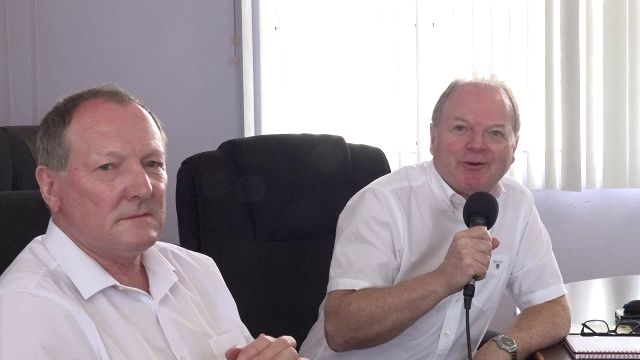 Heritage Specialists (l-r) Mr. Paul Simons and Mr. Barry Gamble at a meeting with Hon. Eric Evelyn and Hon. Spencer Brand at the Nevis Island Administration Conference room on February 07, 2020