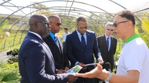 Mr. Vincent Lai, Consultant at the Taiwan Technical Mission in St. Kitts and Nevis who is spearheading the St. Kitts and Nevis Pinney’s Beach Park Project at Pinney’s Beach, explains the progress of landscaping plants being propagated at a nursery at Cades Bay to (l-r) - Hon. Alexis Jeffers, Deputy Premier and Minister of Agriculture; Hon. Eric Evelyn, Minister of Social Development; Hon. Mark Brantley, Premier of Nevis and His Excellency Tom Lee, the Republic of China (Taiwan) Resident Ambassador to St. Kitts and Nevis on February 13, 2020