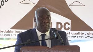 Hon. Alexis Jeffers, Deputy Premier of Nevis, Minister of Housing and Land in the Nevis Island Administration and Chairman of the Nevis Housing and Lands Development Foundation Board of Directors delivering remarks at the official opening of a new road constructed by the Nevis Housing and Land Development Corporation in Phase 2 at Colquhoun Housing Development in Colquhoun Estate on February 13, 2020