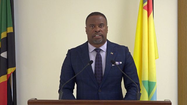 Hon. Mark Brantley, Premier of Nevis, Senior Minister of Health and Minister of Finance delivering an address on Covid-19 at the Nevis Island Administration's Cabinet Room on March 16, 2020