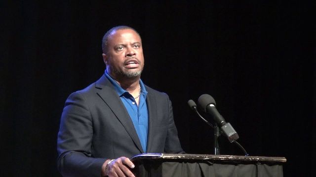 Hon. Mark Brantley, Premier of Nevis, addressing members of the religious fraternity on the island at a meeting at the Nevis Performing Arts Centre on May 21, 2020