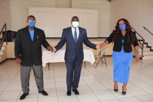 Mr. Alexis Jeffers of the Concerned Citizens Movement (middle) moments after he was nominated on May 27, 2020, at the Cotton Ground Community Centre by Mr. Stanley Williams of Newcastle and Ms. Neelia Maynard of Jessups Village to contest the general elections in Constituency No.11 on June 07, 2020