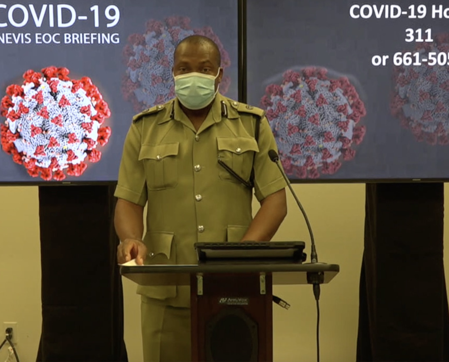 Superintendent Lyndon David, Divisional Commander of the Nevis Division, Royal St. Christopher and Nevis Police Force, giving updates from the police at the Nevis COVID-19 EOC Briefing on July 20, 2020