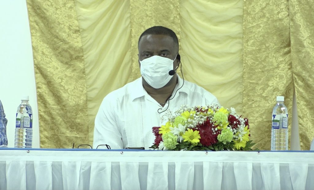 Hon. Mark Brantley, Premier of Nevis and Minister of Finance at the Cotton Ground Community Centre on July 23, 2020, at the first of a five-part series of town hall meetings hosted by the Nevis Island Administration