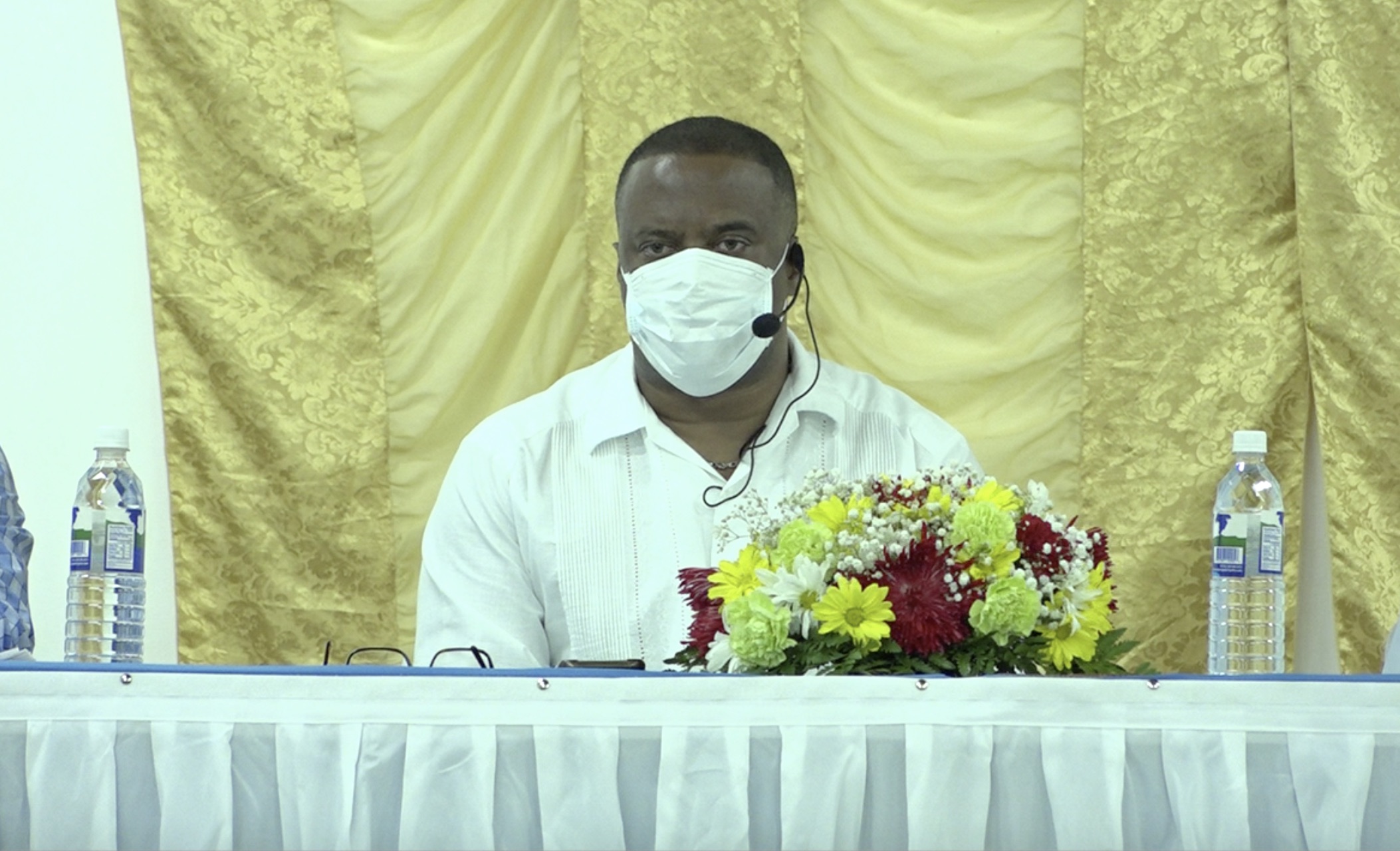 Hon. Mark Brantley, Premier of Nevis and Minister of Finance at the Cotton Ground Community Centre on July 23, 2020, at the first of a five-part series of town hall meetings hosted by the Nevis Island Administration