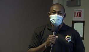 Mr. Brian Dyer, Director of the Nevis Disaster Management Department addressing members of the Nevis Disaster Management Committee at a planning meeting at the Emergency Operations Centre at Long Point on July 24, 2020, ahead of the peak of the 2020 Atlantic Hurricane Season