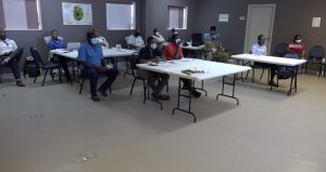 A section of members of the Nevis Disaster Management Committee at a planning meeting at the Emergency Operations Centre at Long Point on July 24, 2020, ahead of the peak of the 2020 Atlantic Hurricane Season