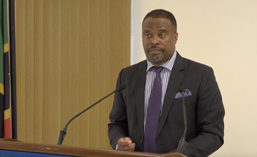 Hon. Mark Brantley, Premier of Nevis and Minister of Health in the Nevis Island Administration, at his monthly press conference on July 30, 2020, in Cabinet Room at Pinney’s Estate