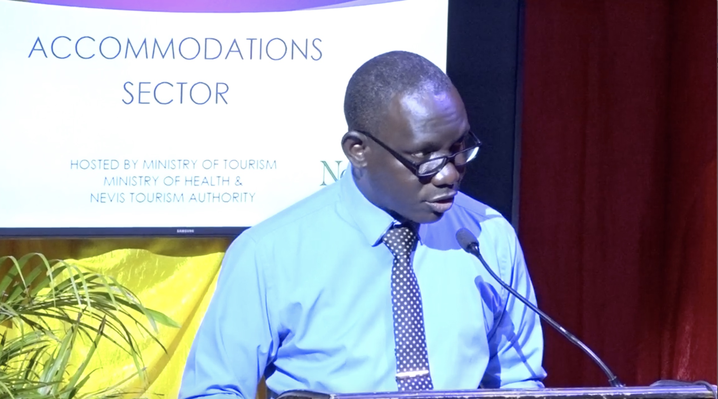 Mr. John Hanley, Permanent Secretary in the Ministry of Tourism on Nevis, delivering remarks at the first COVID-19 sensitization training session, hosted by the Ministry of Tourism in collaboration with the Nevis Tourism Authority and the Ministry of Health, on July 27, 2020 at the Nevis Performing Arts Centre