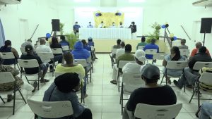 A section of attendees listening to Junior Minister of Health and other members of the Cabinet at a town hall meeting hosted by the Nevis Island Administration on July 23, 2020, at the Cotton Ground Community Centre 
