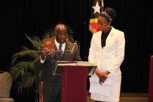 Hon. Alexis Jeffers, Member for Nevis 11 in the National Assembly, taking the Oath of Allegiance at the Opening of the National Assembly at the St. Kitts Marriott Resort on July 08, 2020, while Mrs. Sonia Boddie-Thompson, Clerk of the National Assembly looks on