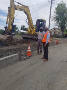 Hon. Spencer Brand, Minister of Works in the Nevis Island Administration, Mr. Rashid Huggins from the Public Works Department while touring the Brown Hill Road Rehabilitation Project on July 23, 2020