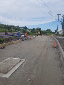 Curb and slipper drains under construction in the vicinity of the bridge on July 23, 2020, as part of the Brown Hill Road Rehabilitation Project
