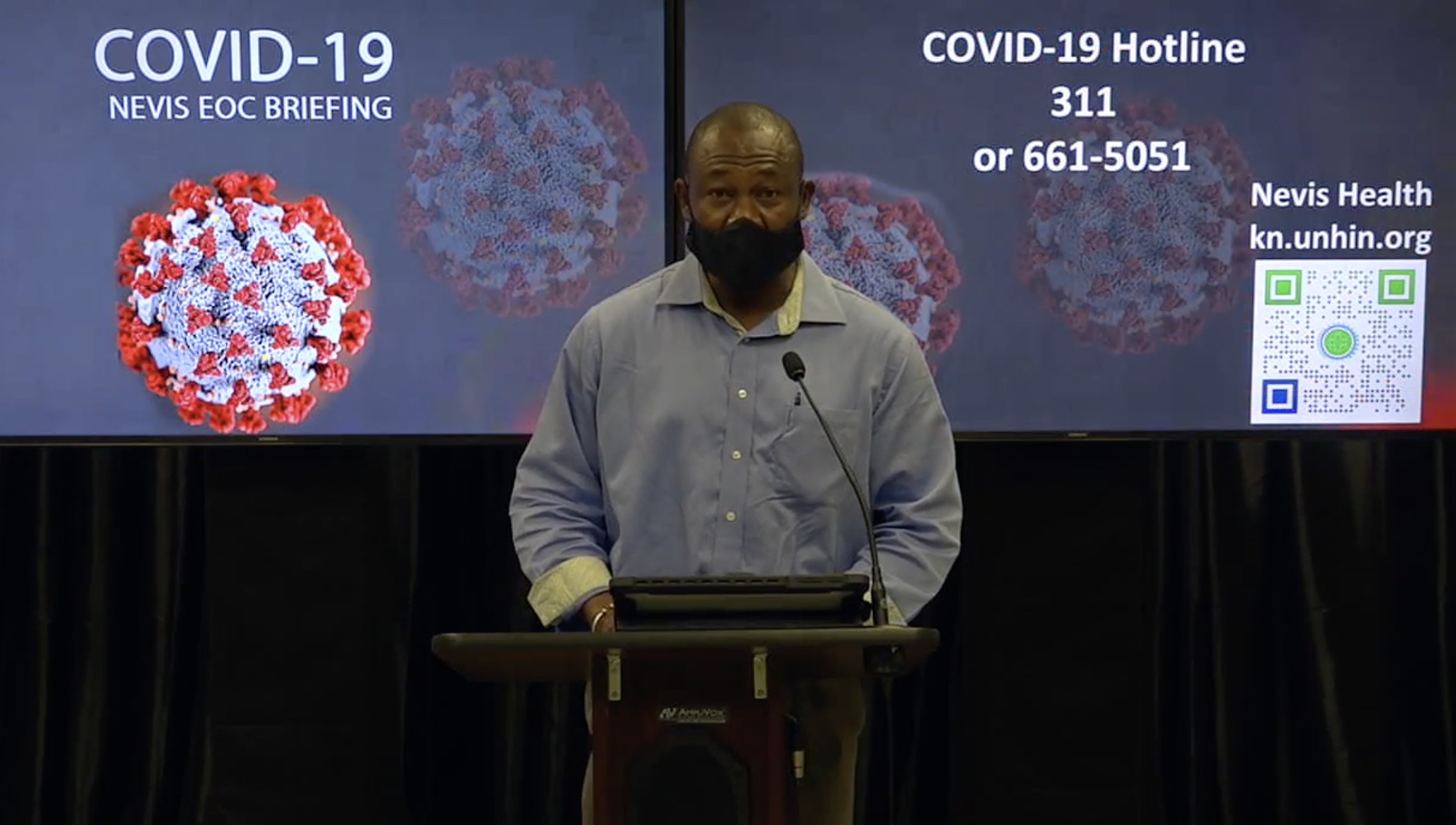 Mr. Brian Dyer, Director at the Nevis Disaster Management Department and Co-Chair of the Nevis COVID-19 Task Force delivering remarks at the Nevis COVID-19 Task Force briefing on August 17, 2020 at the Emergency Operations Centre at Long Point Road
