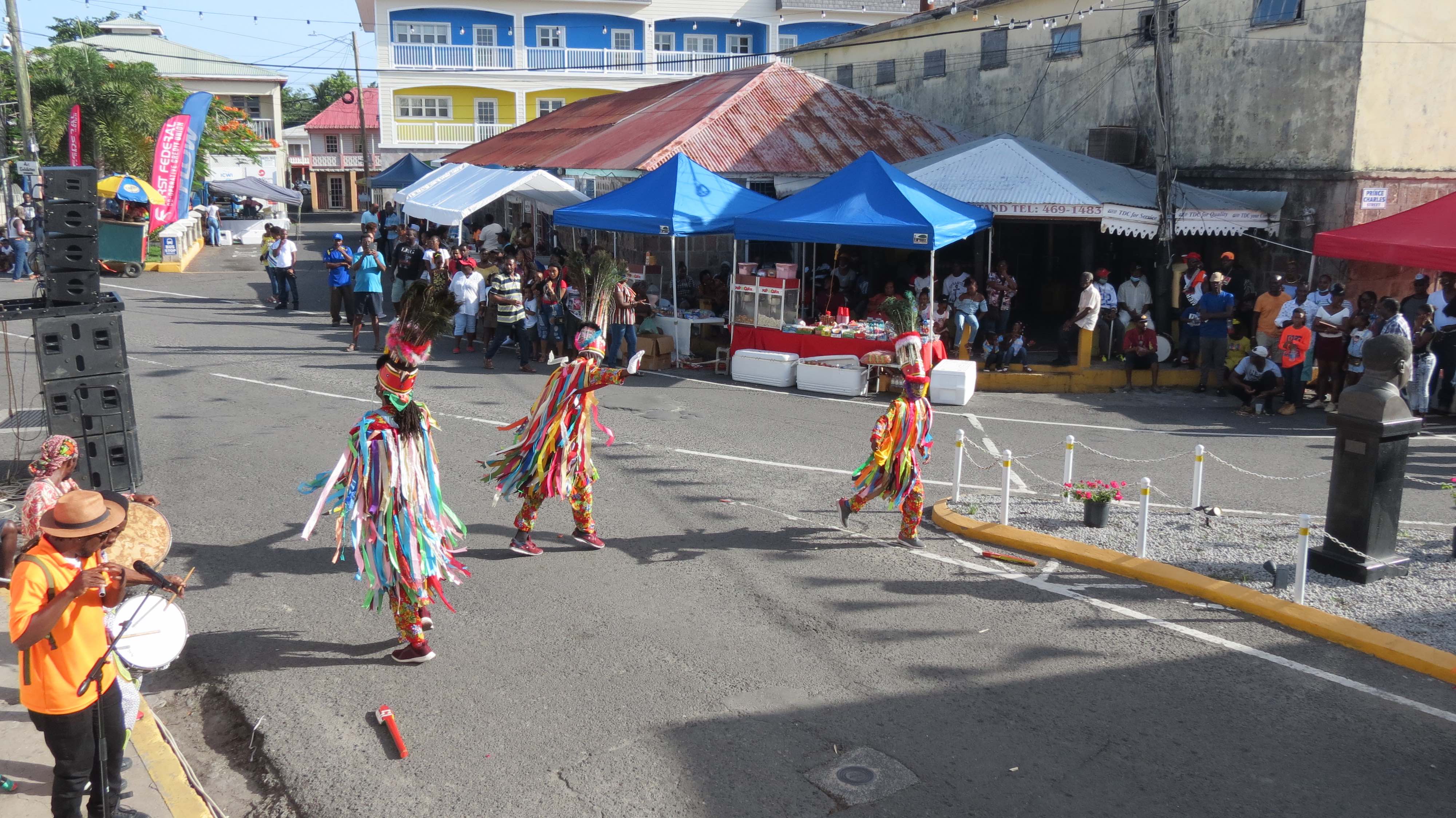 Masqueraders performing in Charlestown during the Emancipation Celebrations on August 03, 2020 (photo by Lester Blackett)
