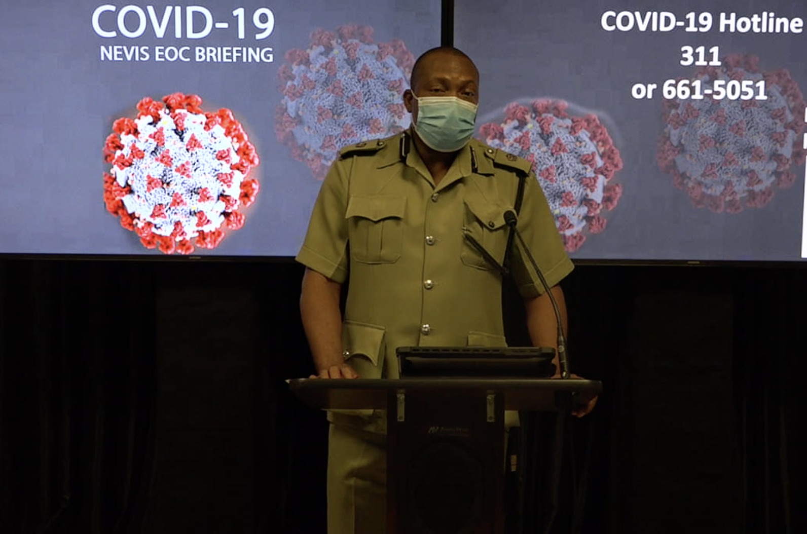 Superintendent Lyndon David Officer in charge of the Royal St. Christopher and Nevis Police Force Nevis Branch, making his presentation at the Nevis COVID-19 Task Force Briefing at the Emergency Operations Centre at Long Point on August 24, 2020