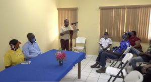 Mr. Steve Reid Jr., Chief Extension Officer in the Department of Agriculture, and a member of the Nevis Growers Association, chairing a ceremony for cheque distributions to members of the association on August 13, 2020, at the Ministry of Agriculture Conference Room at Prospect