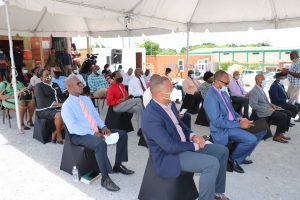 (First row l-r) Hon. Mark Brantley, Premier of Nevis and Senior Minister of Education in the Nevis Island Administration; Hon. Jonel Powell, Federal Minister of Education; Hon. Eric Evelyn Area Representative and Minister of Youth; and Hon. Troy Liburd, Junior Minister of Education on Nevis; at the ground breaking ceremony for a state-of-the-art multipurpose technical wing at the Gingerland Secondary School on August 06, 2020, as part of an US$8million St. Kitts and Nevis Technical Vocational Education and Training (TVET) Enhancement Project