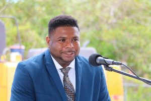 Hon. Troy Liburd, Junior Minister of Education in the Nevis Island Administration, delivering remarks at the ground breaking ceremony for a state-of-the-art multipurpose technical wing at the Gingerland Secondary School on August 06, 2020, as part of an US$8million St. Kitts and Nevis Technical Vocational Education and Training (TVET) Enhancement Project