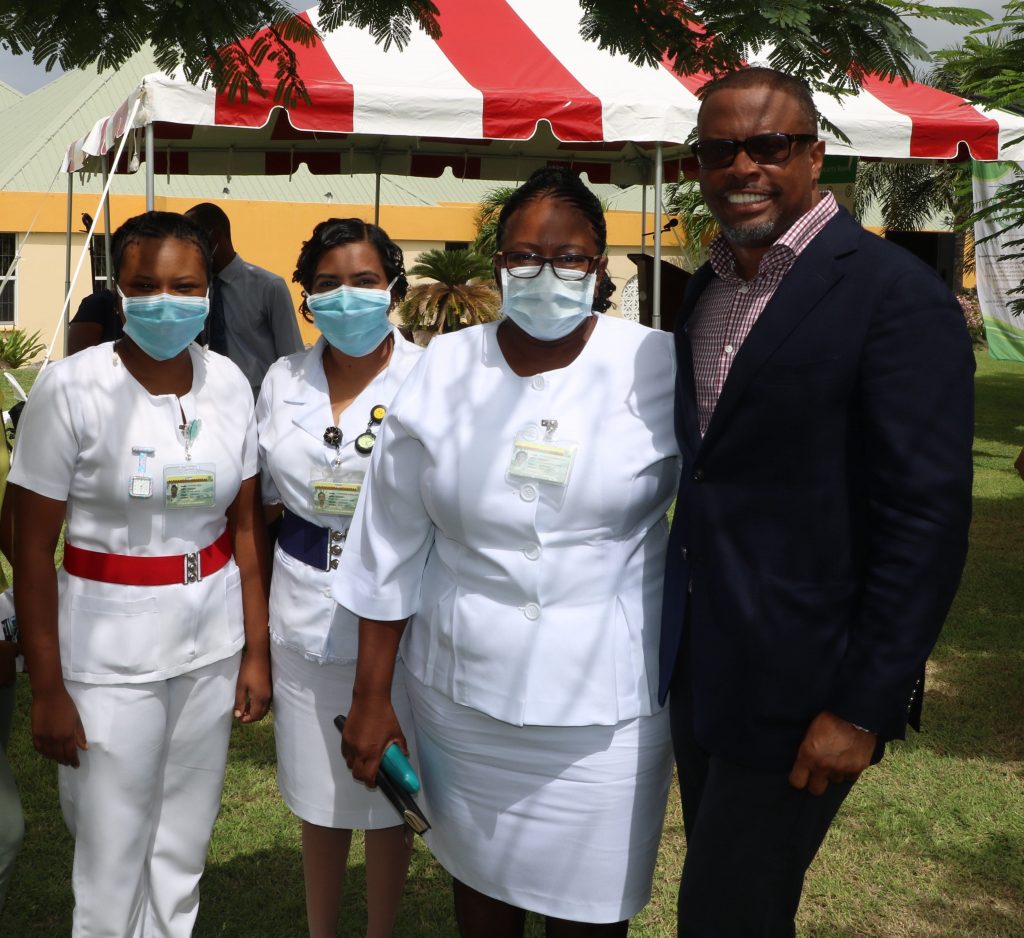 Hon. Mark Brantley, Premier of Nevis and Minister of Finance in the Nevis Island Administration (far right) with nurses at the Alexandra Hospital in Charlestown (file photo)