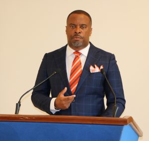 Hon. Mark Brantley Premier of Nevis and Minister of Finance at his recent monthly press conference at Pinney’s Estate (file photo)