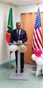Hon. Mark Brantley, Minister of Foreign Affairs  and Premier of Nevis, speaking at the August 31, 2020 handing over ceremony of equipment and supplies to the Ministry of Health in St. Kitts in the fight against COVID-19 