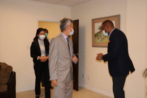 Hon. Mark Brantley, Premier of Nevis and Minister of Education in the Nevis Island Administration, and Minister of Foreign Affairs in St. Kitts and Nevis welcomes His Excellency Tom Lee, Republic of China (Taiwan) Resident Ambassador to St. Kitts and Nevis and his entourage to his Pinney’s Estate office on October 21, 2020