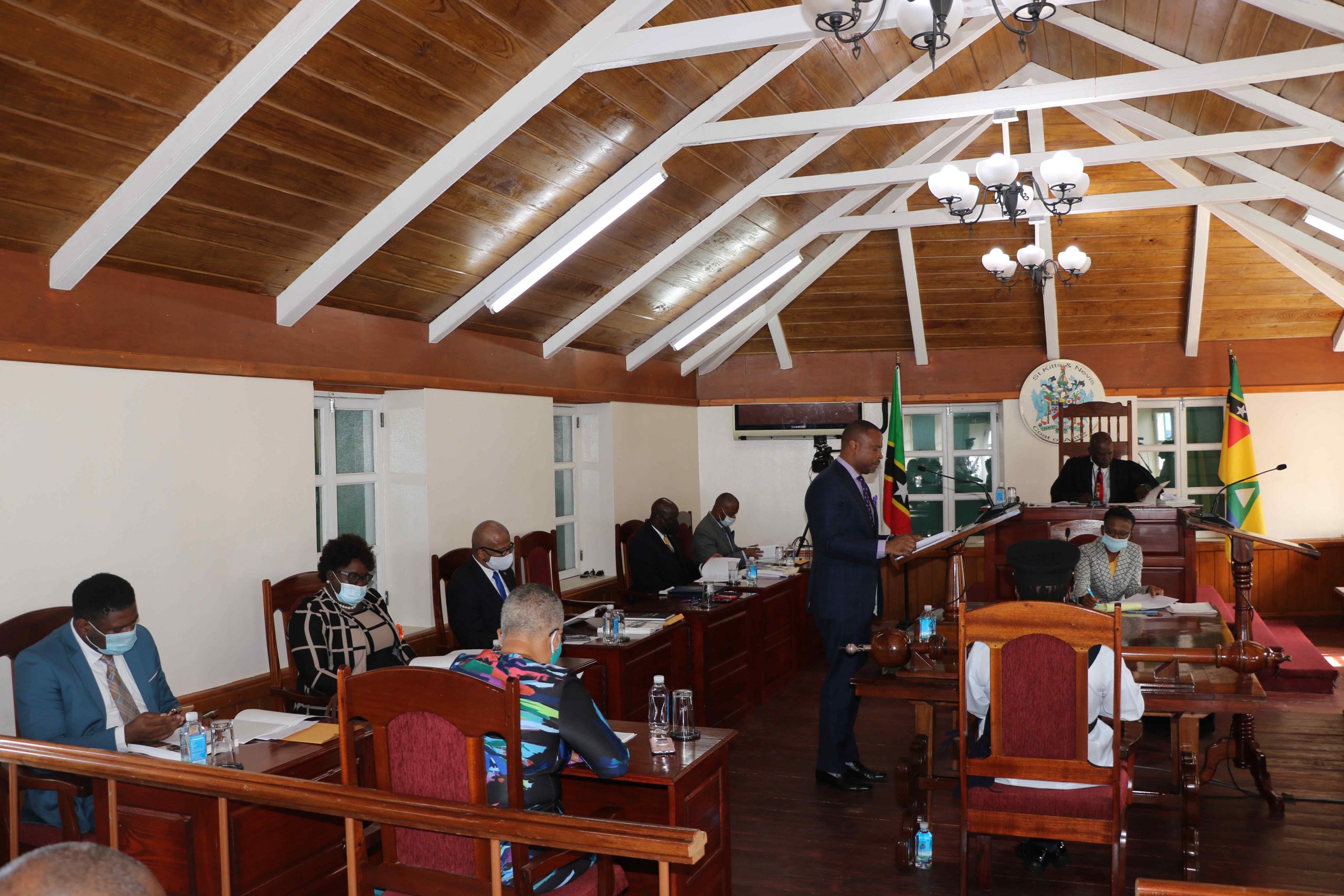 Hon. Mark Brantley, Premier of Nevis and Minister of Finance in the Nevis Island Administration delivering the Budget Address at a sitting of the Nevis Island Assembly in Chambers at Hamilton House on December 08, 2020, before Hon. Farrel Smithen, President of the Assembly and Ms. Myra Williams, Clerk of the Assembly with other members of the Nevis Island Administration’s Cabinet in attendance