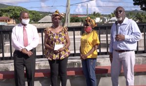 (l-r) Hon. Eric Evelyn, Minister of Culture on Nevis with Mrs. Gloria Anslyn a member of the first Culturama Committee and Ms. Irma Johnson of the defunct Nevis Dramatic and Cultural Society and Mr. Antonio “Abonaty” Liburd, Executive Director of Culturama at the Cultural Complex in Charlestown on December 02, 2020