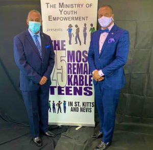 Hon. Eric Evelyn, Minister of Youth in the NIA and Member of Parliament for Nevis #10 and Hon. Mark Brantley, Premier of Nevis and Member of Parliament for Nevis #9 at the special sitting of the National Assembly to award the 25 Most Remarkable Teens for 2020/2021 at the Rivers of Living Water Christian Centre at Lime Kiln, Basseterre, on November 26, 2020