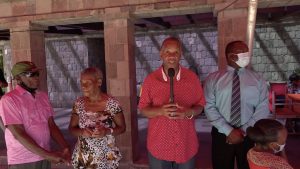 (L-r) Seniors from the Hanley’s Road community Mr. Rueben Williams and Mrs. Mildred Tyson with Hon. Eric Evelyn, Minister of Community Development in the Nevis Island Administration and President of the Empire Sports Club; and Mr. Keith Glasgow, Permanent Secretary in the Ministry of Social Development at the Christmas luncheon for seniors from the Hanley’s Road community at the Golden Rock Inn on December 01, 2020
