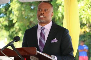 Hon. Mark Brantley, Premier of Nevis and Minister of Finance in the Nevis Island Administration delivering remarks at the ceremony to commission the New Castle Police Station and Fire Unit on December 03, 2020