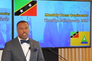 Hon. Mark Brantley, Premier of Nevis at his monthly press conference in Cabinet room at Pinney’s Estate on January 28, 2021