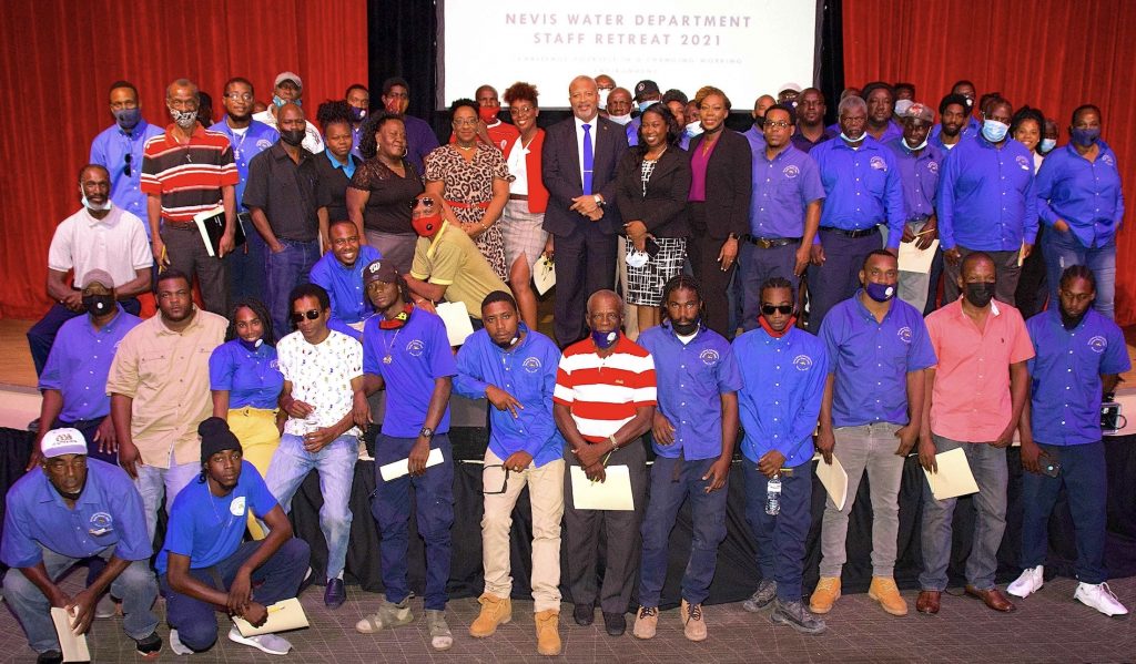 Hon. Spencer Brand Minister responsible for Water in the Nevis Island Administration with management and staff at the Nevis Water Department Staff Retreat 2021 on February 02, 2021 at the Nevis Performing Arts Centre