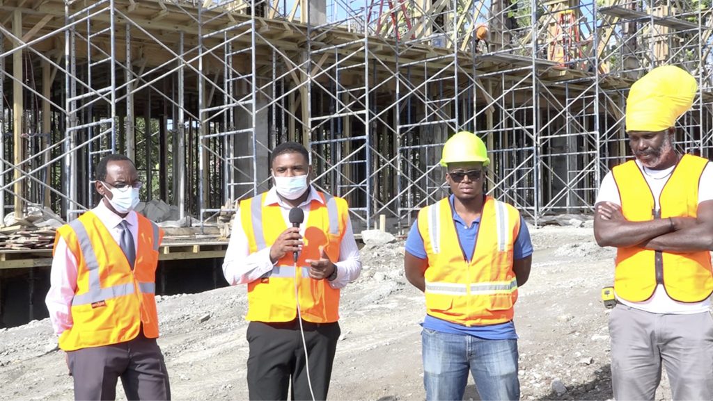 (L-r) Mr. Kevin Barrett, Permanent Secretary in the Ministry of Education; Hon. Troy Liburd, Junior Minister of Education in the Nevis Island Administration; Mr. Darius Comberbatch, Engineer for FDL Consult Inc. in St. Lucia, Consultants for the project; and Mr. Oswald Wilfred, Construction Manager for Lefco Equipment Rental and Construction Company, contractor for the construction of the state-of-the-art Technical Wing at the Gingerland Secondary School during a site visit on February 08, 2021