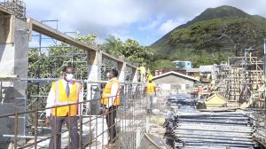 Mr. Kevin Barrett, Permanent Secretary in the Ministry of Education; and Hon. Troy Liburd, Junior Minister of Education in the Nevis Island Administration taking a first hand look at construction of the state-of-the-art Technical Wing at the Gingerland Secondary School during a site visit on February 08, 2021