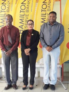 (l-r) Mr. Kevin Barrett, Permanent Secretary in the Ministry of Education; Ms. Oksana Williams, Representative from sponsor Hamilton Reserve Bank and Hon. Troy Liburd, Junior Minister of Education in the Nevis Island Administration at the opening ceremony of ministry’s three-day Kite Making Workshop at the Elizabeth Pemberton Primary School for public primary school students on Nevis on March 29, 2021