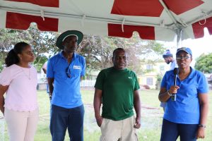 (L-r) Ms. Latoya Jeffers, Assistant Secretary in the Ministry of Health and Gender Affairs; Mr. Lemuel Pemberton, Deputy Director of Marine Resources at the Department of Marine Resources in St. Kitts and Nevis; Mr. Robert “Bit” Clarke, President of the Jessups Cotton Ground Barns Ghaut Fisherfolk Association; and Ms. Catherine Forbes Training Officer at the Department of Gender Affairs at the department’s Fish Trap Making Workshop for boys and young men at the Jessups Playing Field on May 08, 2021