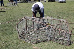 One of 20 participants bracing a fish trap at the Department of Gender Affairs’ Fish Trap Making Workshop for boys and young men at the Jessups Playing Field on May 08, 2021