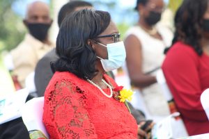 Retired registered nurse Mrs. Ernette Manners listening attentively at an awards ceremony at Government House on September 20, 2021, to mark the 38th Anniversary of Independence of St. Christopher and Nevis 