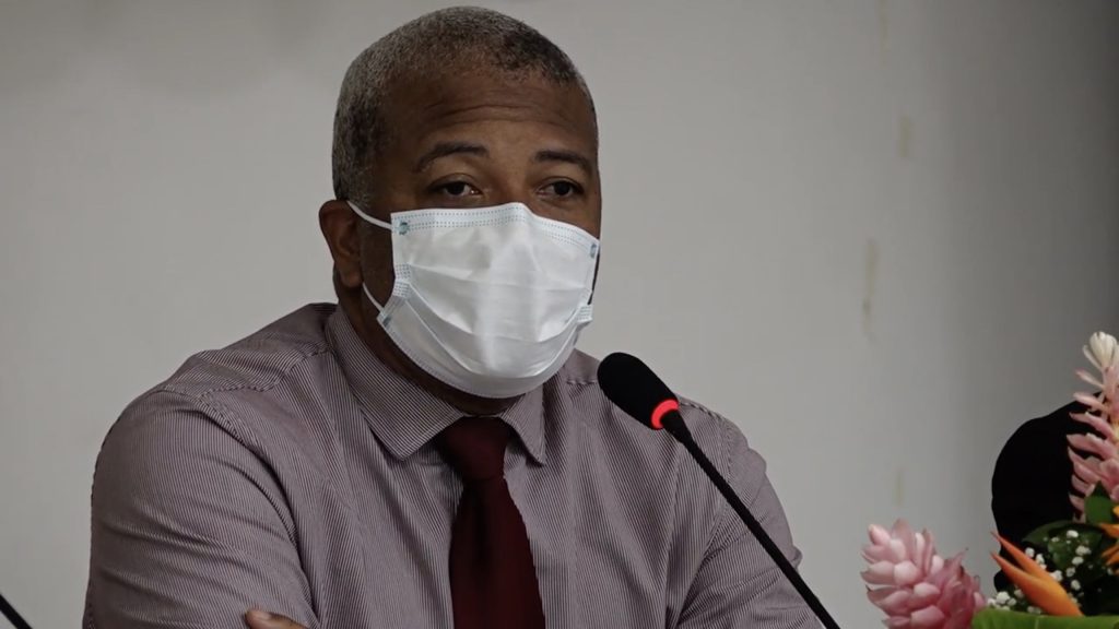 Hon. Spencer Brand, Minister of Physical Planning on Nevis, delivering his presentation at a consultation for contractors hosted by the Department of Physical Planning at the St. Paul's Anglican Church Hall on September 07, 2021