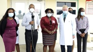 (L-r front row) Ms. Latoya Jeffers, Assistant Secretary in the Ministry of Health; Mr. Gary Pemberton, Hospital Administrator; Hon. Hazel Brandy-Williams, Junior Minister of Health on Nevis; and Dr. Patrick Meredith, plastic surgeon; (back row partly hidden) Assistant Matron Gracelyn Hanley; Chandreka Persad Wallace, Matron; Mrs. Shinnelle Browne, Assistant Hospital Administrator; and Assistant Matron Dhaima Golding at the Alexandra Hospital on October 21, 2021 