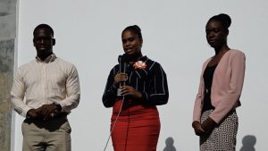 (l-r) Mr. Mario Phillip, Gender Affairs Officer in the Department of Gender Affairs; Ms. Latoya Jeffers, Assistant Secretary in the Ministry of Health and Gender Affairs; and Ms. Danielle Moore, artist
