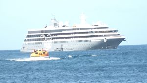The MV World Voyager at the Charlestown Port on December 17, 2021, on its inaugural call to Nevis
