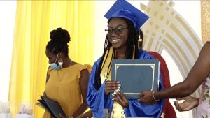 Ms. Jahkéla Barrett, Valedictorian of the Charlestown Secondary School Graduating Class of 2021 moments after receiving her certificate at the graduating ceremony at the Nevis Cultural Village on March 02, 2022