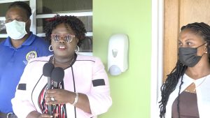 Hon. Hazel Brandy Williams delivering remarks at the Mental Health Care facility at Prospect on June 14, 2022, while Ms. Latoya Jeffers, Assistant Secretary in the ministry (right) and Mr. Matthew Husbands, Orderly at the facility (back) look on
