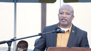 Hon. Spencer Brand, Minister of Communications and Works at the official reopening of the Cicely Grell-Hull Dora Stevens Netball Complex in Charlestown