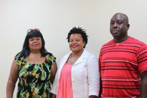 Mrs. Patricia Mills-Jeffers the Moral Restoration Movement candidate for Nevis 11 moments after her nomination to contest the August 05 National Assembly Elections flanked by her witnesses Yvette Brandy of Barnaby (left) and Malvern Williams of Fountain Village (right) moments after her nomination at the Newcastle Police Station on July 26, 2022
