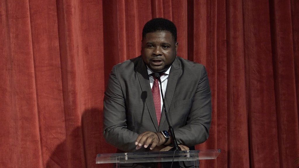 Hon. Troy Liburd, Junior Minister of Education on Nevis, delivering remarks at the Department of Education’s Back to School Convocation 2022 at the Nevis Performing Arts Centre on August 29, 2022
